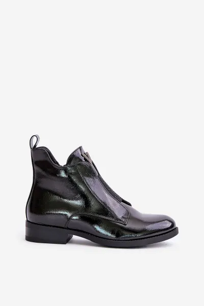 Patent leather women's ankle boots with a flat heel insulated black S.Barski black