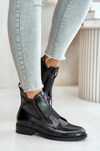 Patent leather women's ankle boots with a flat heel insulated black S.Barski black
