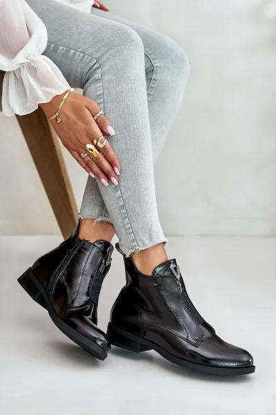Patent leather women's ankle boots with a flat heel insulated black S.Barski black