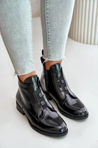 Patent leather ankle boots with zipper insulated flat heel S.Barski black