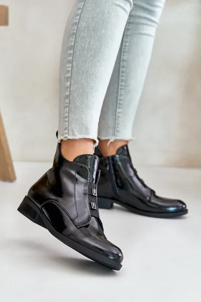 Patent leather ankle boots with zipper insulated flat heel S.Barski black