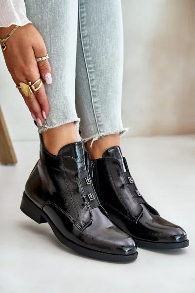 Patent leather ankle boots with zipper insulated flat heel S.Barski black
