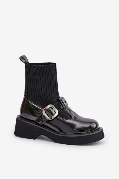 Patent Leather Ankle Boots With Sock And Buckle Slip-On Black