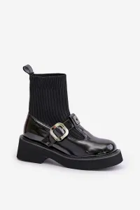 Patent Leather Ankle Boots With Sock And Buckle Slip-On Black