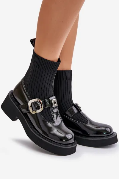 Patent Leather Ankle Boots With Sock And Buckle Slip-On Black