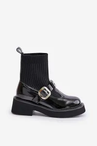 Patent Leather Ankle Boots With Sock And Buckle Slip-On Black