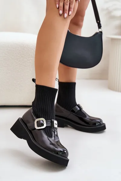 Patent Leather Ankle Boots With Sock And Buckle Slip-On Black
