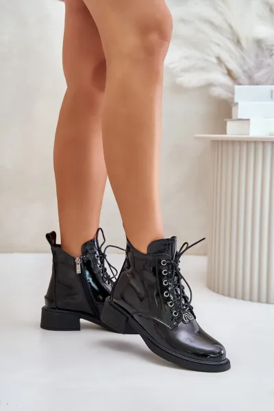 Black lacquered leather ankle boots with Bellani lining