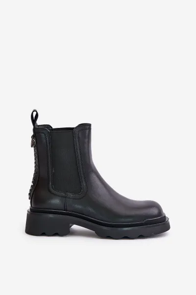 Leather ankle boots Chelsea with decorative chain insulated D&A black