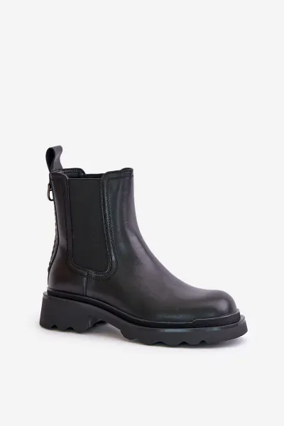 Leather ankle boots Chelsea with decorative chain insulated D&A black