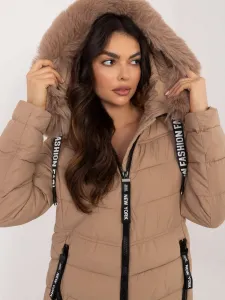 Beige long winter jacket with hood