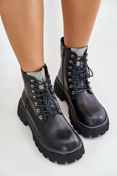 Women's Insulated Leather Ankle Boots Workery with GOE Crystals Black