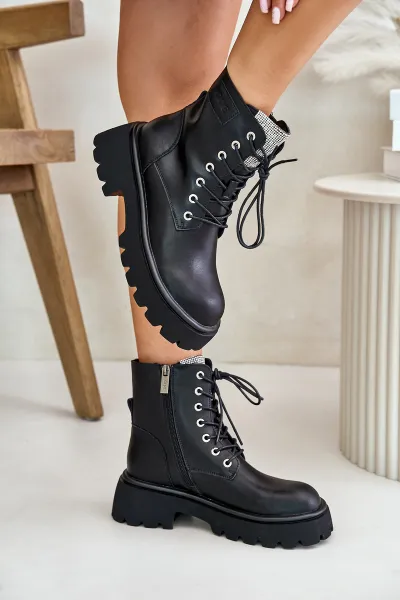 Women's Insulated Leather Ankle Boots Workery with GOE Crystals Black