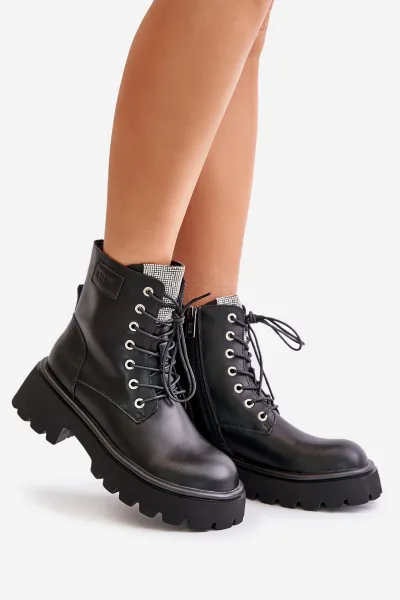 Women's Insulated Leather Ankle Boots Workery with GOE Crystals Black