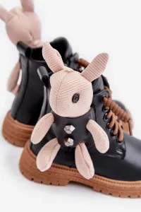 Leather insulated children's ankle boots with a zipper with a Vinceza bear black