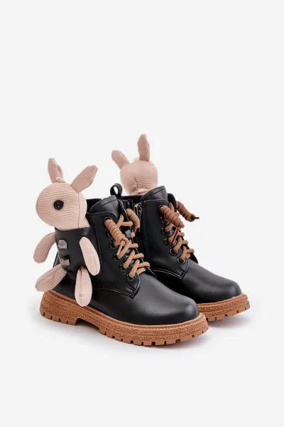 Leather insulated children's ankle boots with a zipper with a Vinceza bear black