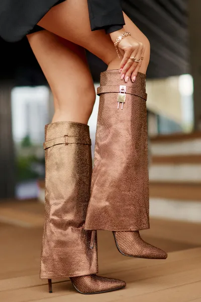 Embellished stiletto heel slip-on boots with a bent upper brown Enathlin