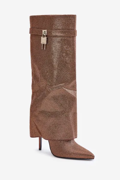 Embellished stiletto heel slip-on boots with a bent upper brown Enathlin