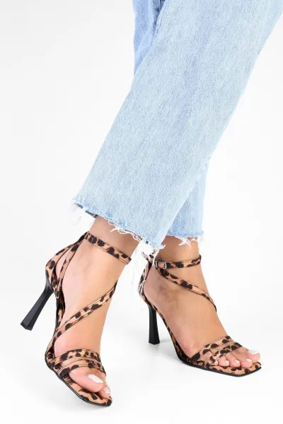 Shoeberry Women's Mules Leopard Satin Heeled Shoes