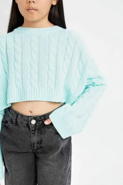 DEFACTO Girl Crop Crew Neck Hair Knitted Sweater