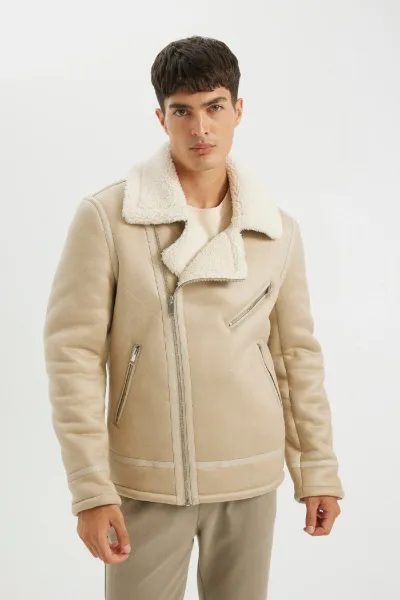 DEFACTO Slim Fit Faux Leather Jacket Slim Cut Zipper Collar Faux Für Lined Zipper