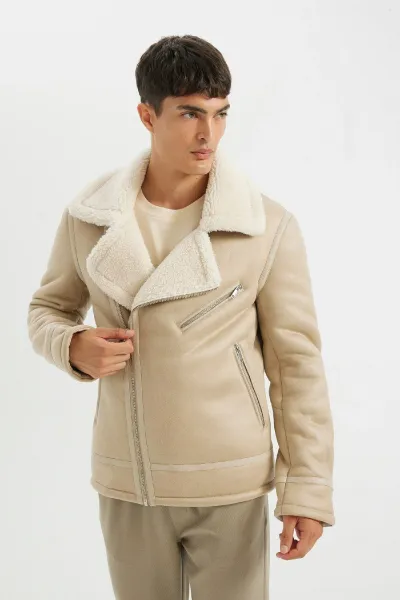 DEFACTO Slim Fit Faux Leather Jacket Slim Cut Zipper Collar Faux Für Lined Zipper