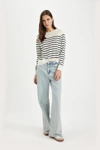 DEFACTO Regular Fit Soft Textured Crew Neck Striped Knitwear Sweater