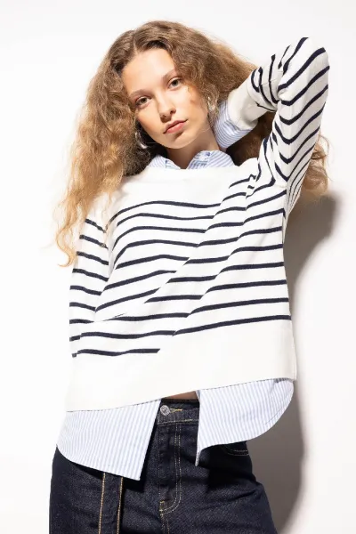DEFACTO Regular Fit Soft Textured Crew Neck Striped Knitwear Sweater
