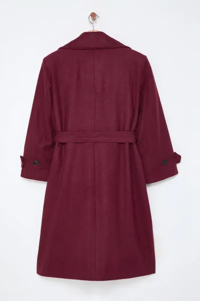 Trendyol Curve Claret Red Regular Fit Wide Collar Detailed Long Wool Blend Cashmere Coat