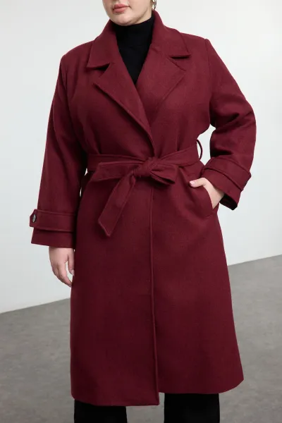 Trendyol Curve Claret Red Regular Fit Wide Collar Detailed Long Wool Blend Cashmere Coat