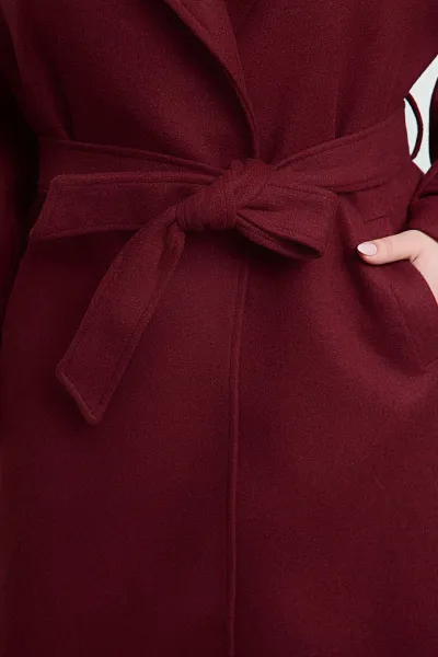Trendyol Curve Claret Red Regular Fit Wide Collar Detailed Long Wool Blend Cashmere Coat