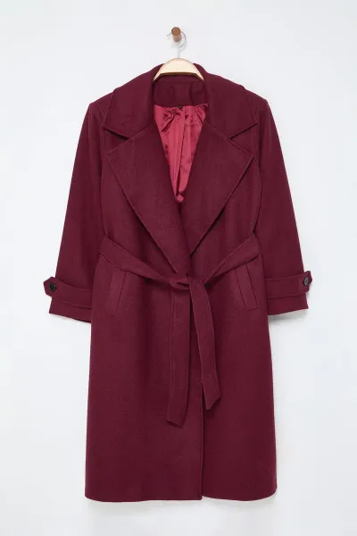 Trendyol Curve Claret Red Regular Fit Wide Collar Detailed Long Wool Blend Cashmere Coat