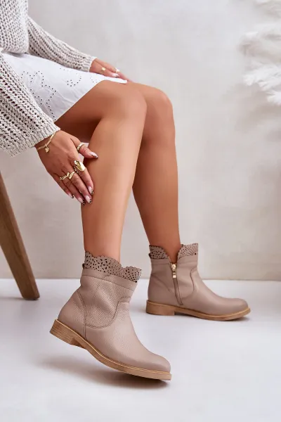 Lewski Shoes Nízke Dámske Čižmy Na Plochéj Pätke Kožené Lewski 3624 Béžové
