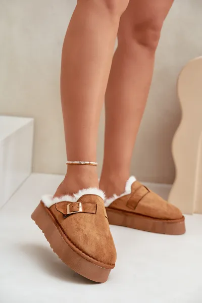 FK1 Dámske papuče na hrubej podrážke s kožušinou a sponou Camel Linneola