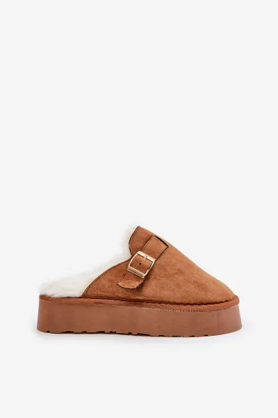 FK1 Dámske papuče na hrubej podrážke s kožušinou a sponou Camel Linneola