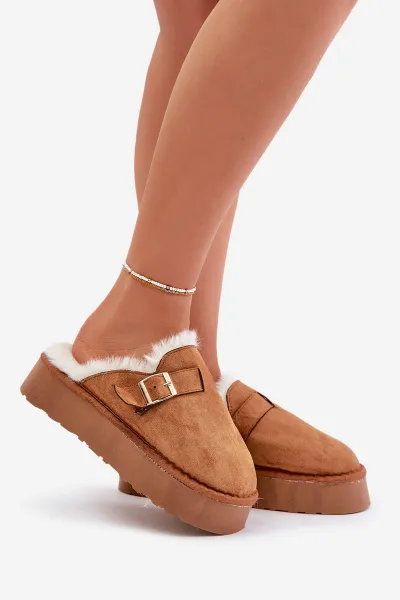 FK1 Dámske papuče na hrubej podrážke s kožušinou a sponou Camel Linneola