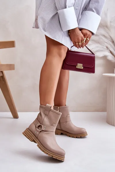 Lewski Shoes Dámske Kožené Čižmy Na Plochom Opätku Béžové Lewski 3610