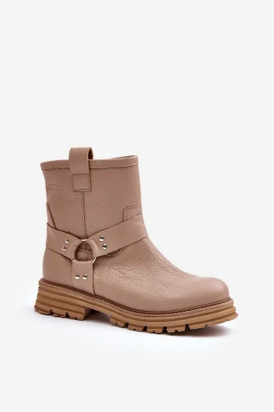 Lewski Shoes Dámske Kožené Čižmy Na Plochom Opätku Béžové Lewski 3610