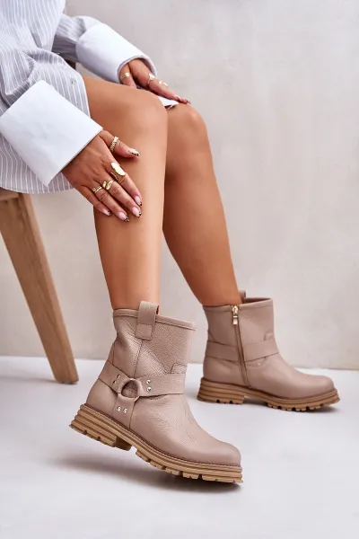 Lewski Shoes Dámske Kožené Čižmy Na Plochom Opätku Béžové Lewski 3610