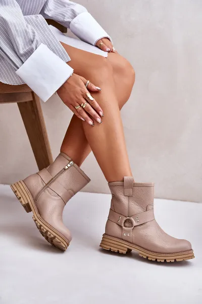 Lewski Shoes Dámske Kožené Čižmy Na Plochom Opätku Béžové Lewski 3610