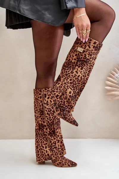 FI1 Dámske Čižmy Na Opätku Pred Kolenom Leopard Hnedé Portora