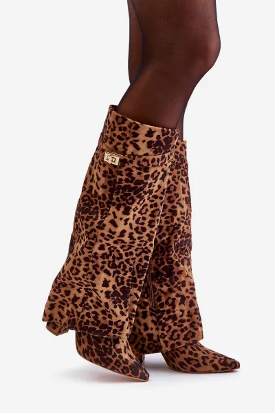 FI1 Dámske Čižmy Na Opätku Pred Kolenom Leopard Hnedé Portora