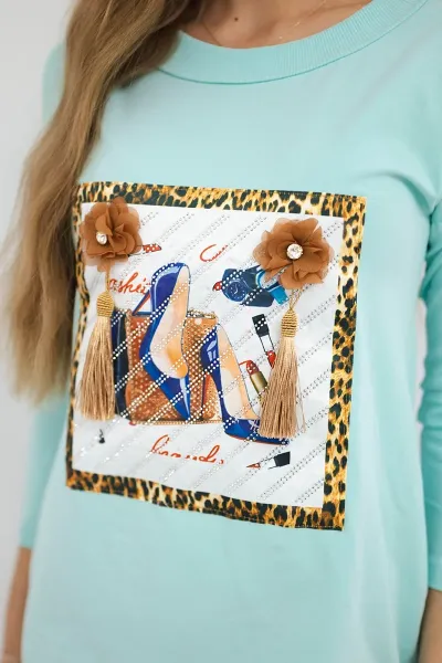 Dress with 3D graphics and decorative pom pom mint