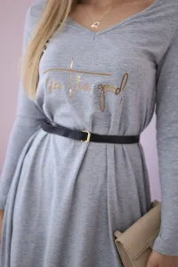 Dress with decorative belt and gray inscription