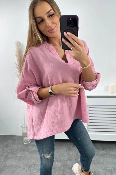 Cotton blouse with rolled up sleeves dark pink