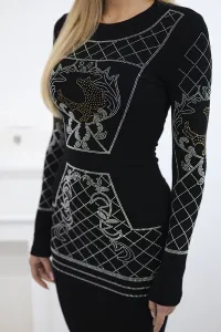 Knitted dress with gold and silver pattern of black cubic zirconia
