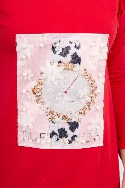 Dress with 3D graphics with red pearls