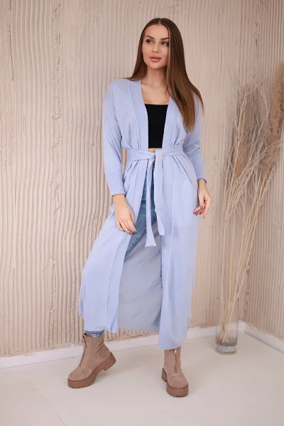 Long sweater with waist tie in blue color