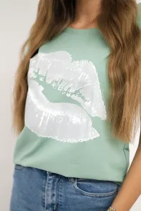 Blouse with dark mint lip print
