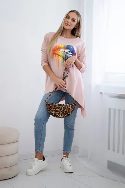 Oversize blouse with rainbow lip print dark powder pink